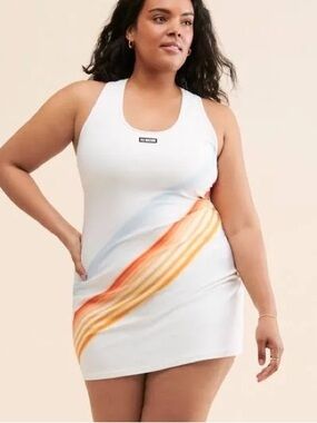 P.E Nation White Racerback Swim Dress with Orange Wave Detail
